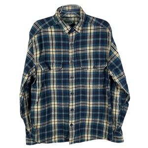 Vintage Woolrich Wool Flannel Shirt Mens M Blue Plaid Elbow Patch Outdoor